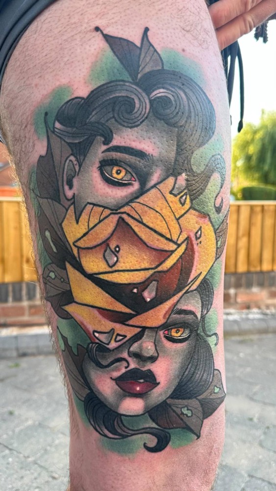 Two faces split by a yellow rose, by Danny