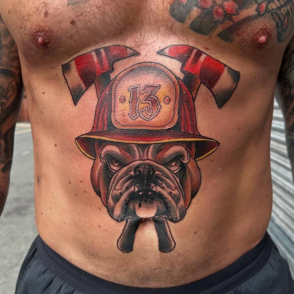 Bulldog in a firefighter's helmet