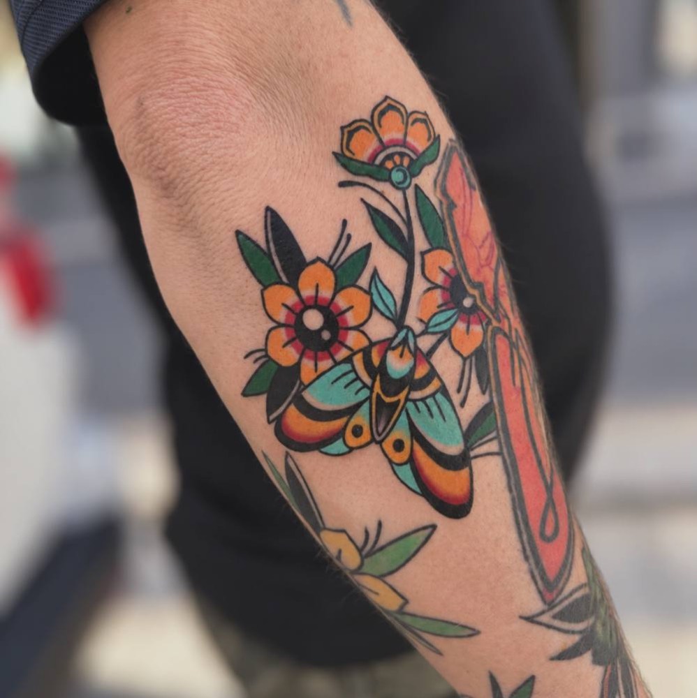 Traditional moth and flowers, by Gabi