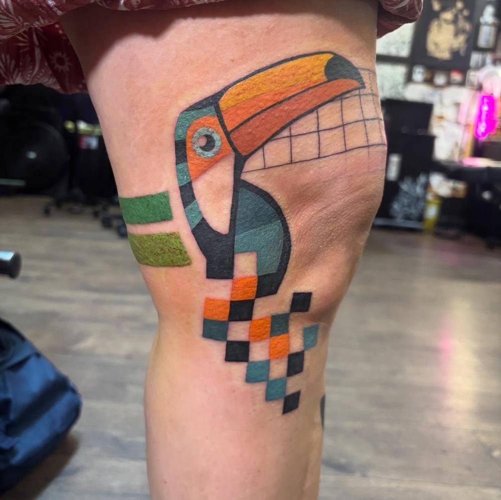 Pixel toucan on a knee